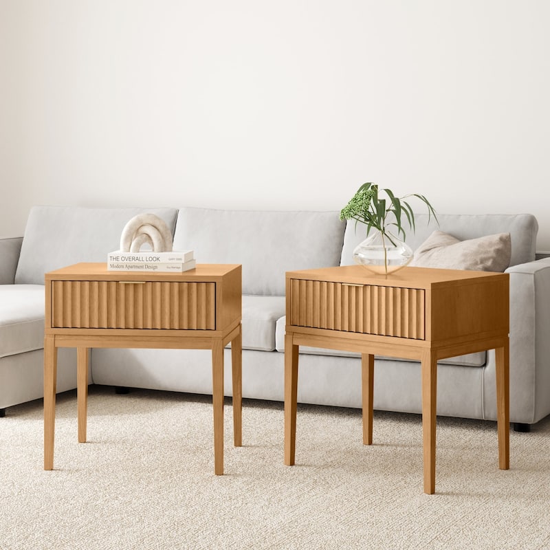 Jasper Mid-Century Modern Nighstand, Side Table with Storage and Fluted Drawer Doors with Brass Handles - Warm Pine -  Set of 2