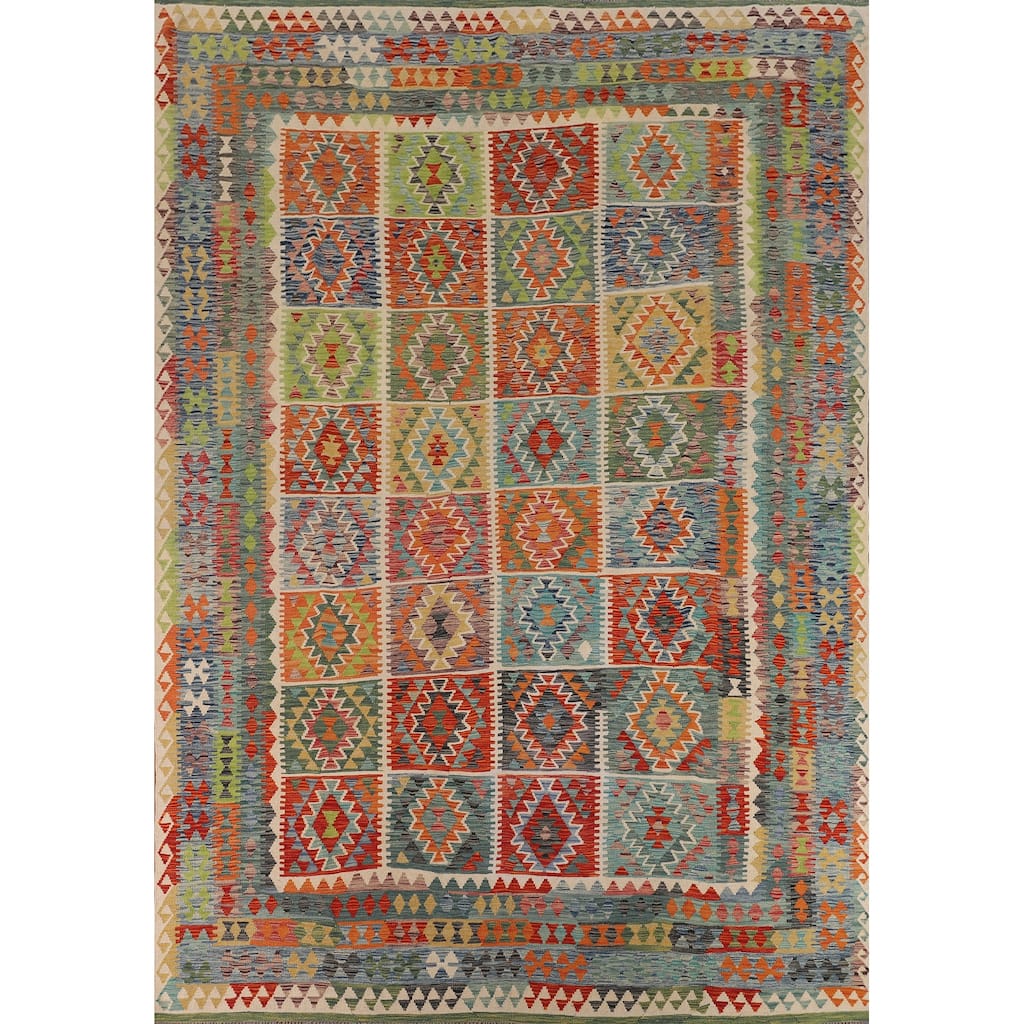 Geometric Colorful Kilim Oriental Area Rug Flatweave Wool Carpet - 9'9" x 13'0"