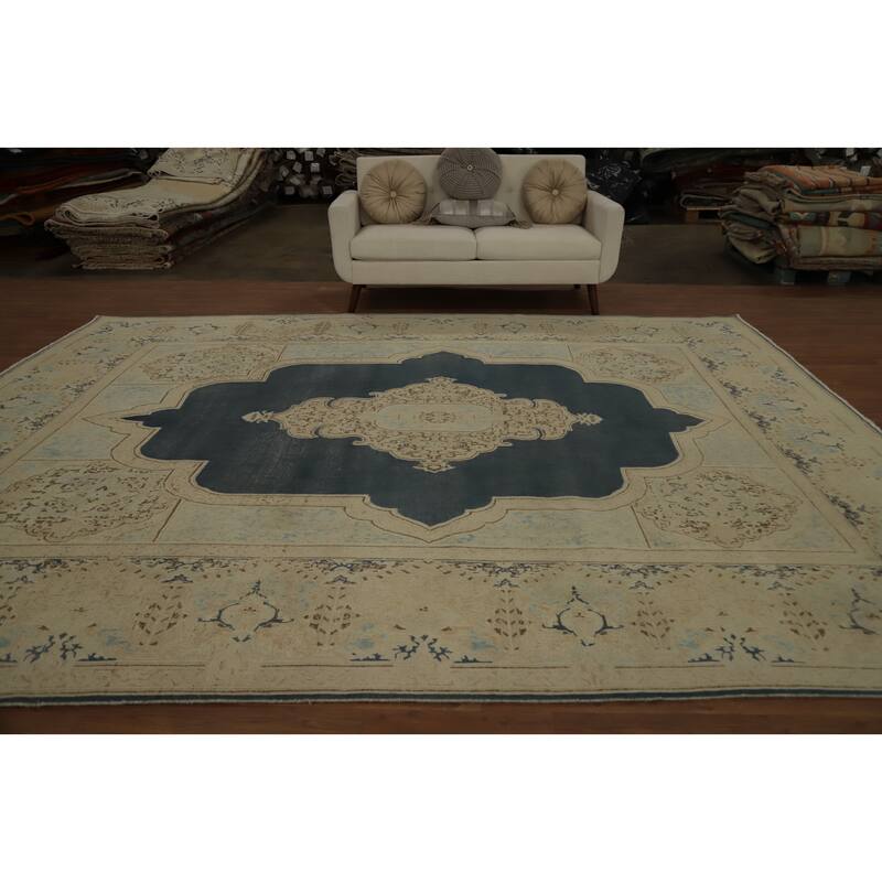 Hand Knotted Oriental 100% Wool Carpet Traditional Medallion Greys & Charcoal Kerman Area Rug - 12' 4'' X 9' 8''