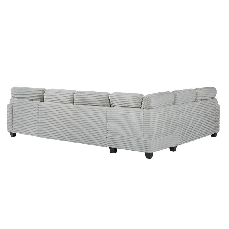 U Shaped Sectional Sofa with 1 Movable Ottoman, Corduroy Upholstered 6 Seater Sofa, Corner Sofa with Storage Pockets