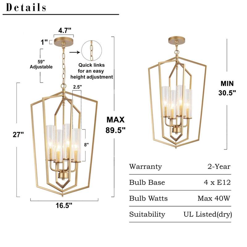 Modern Gold 4-Light Lantern Chandelier Geometric Glass Pendant Light Fixture for Kitchen Dining Room - 16.5"Dx27"H