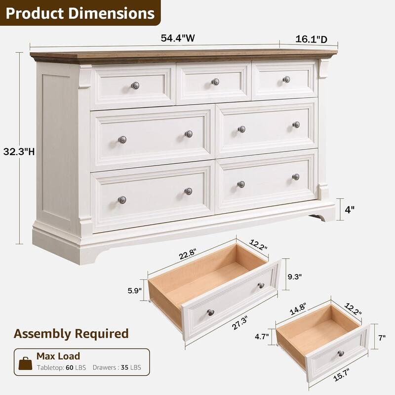 Farmhouse 7-Drawer Dresser for Bedroom, Wood Rustic Chest of Drawers