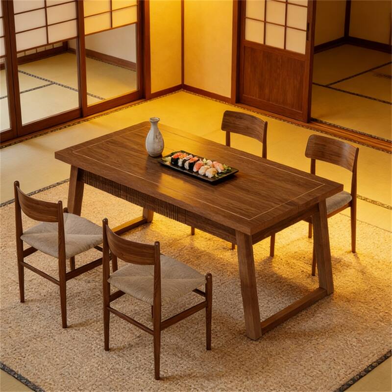 Dining Table with Hidden Drawer, Wood Kitchen Table for 4-6 People, Home Office Table with Wood Legs