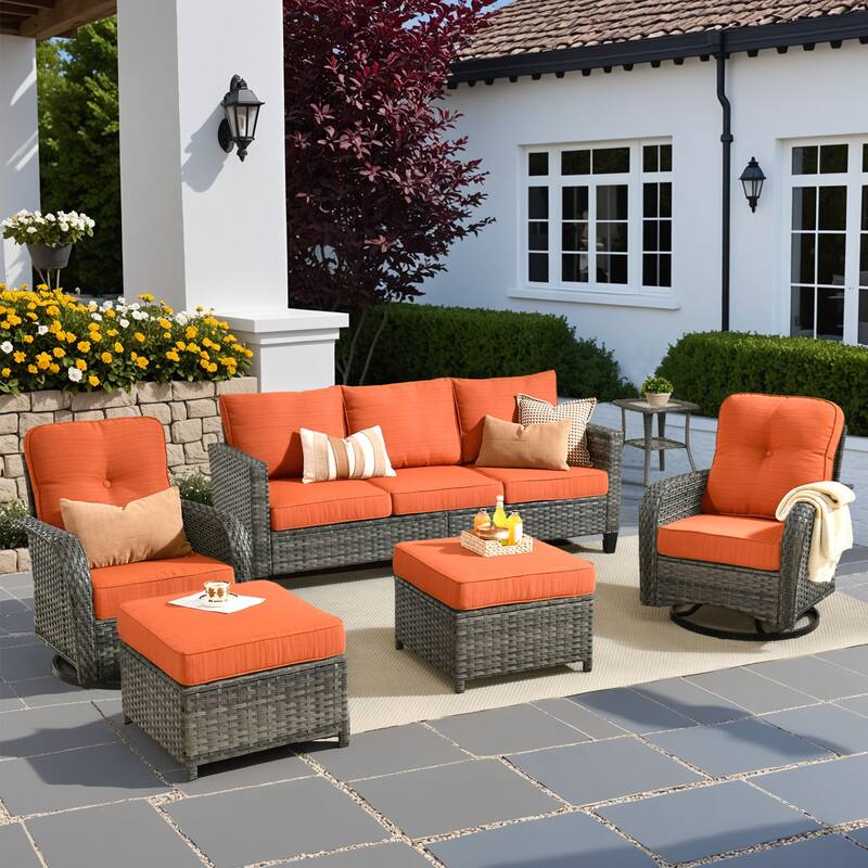 HOOOWOOO 6-piece Grey Wicker Outdoor Swivel Rocking Chair Set for Patio - Red/Orange
