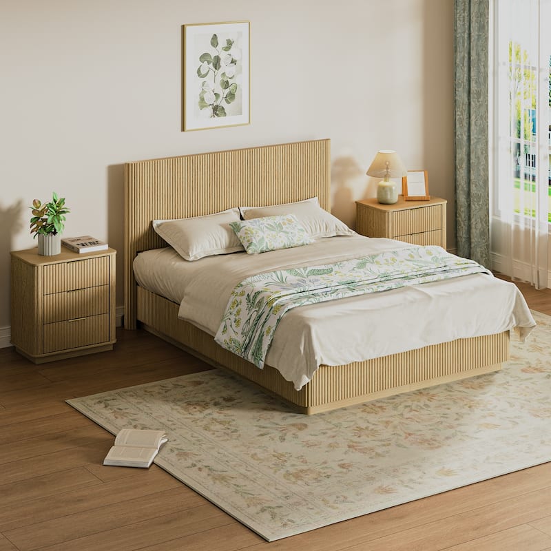 Low Profile Bed Frame with High Headboard, LED Light Strip Under Bed, Wooden Corrugated Curved Platform Bed, Metal Frame Support