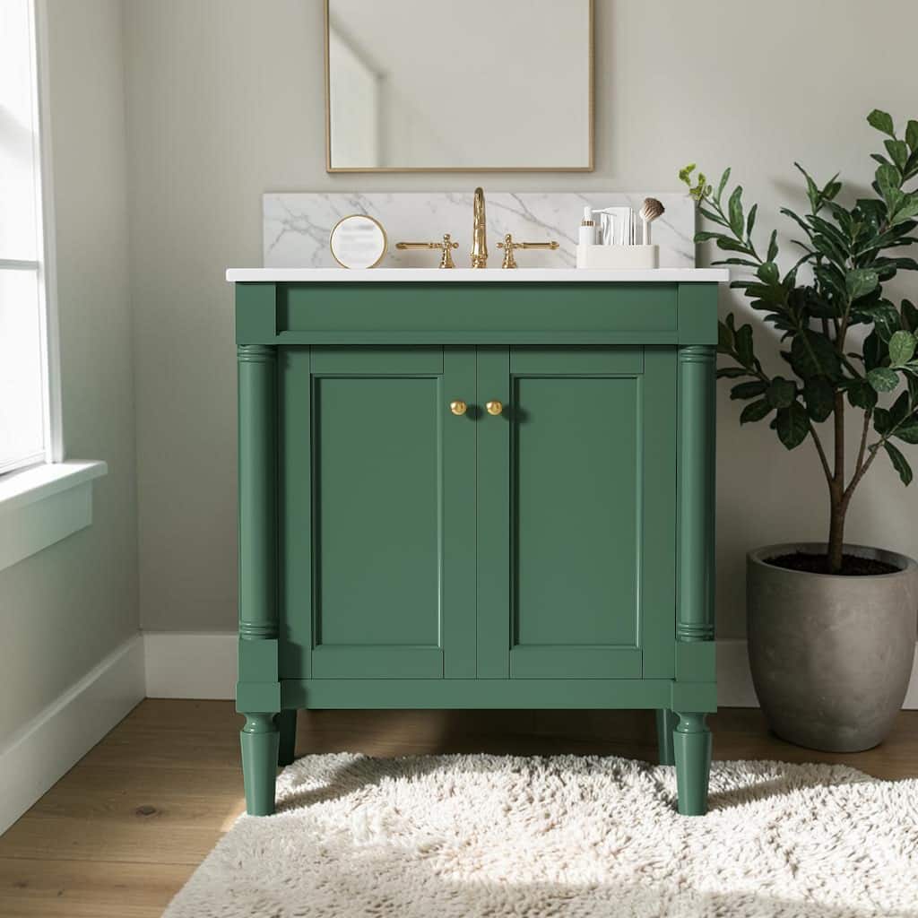 30 Inch Bathroom Vanity with Ceramic Sink, French Style Storage Cabinet with Soft Close Doors and Adjustable Shelf