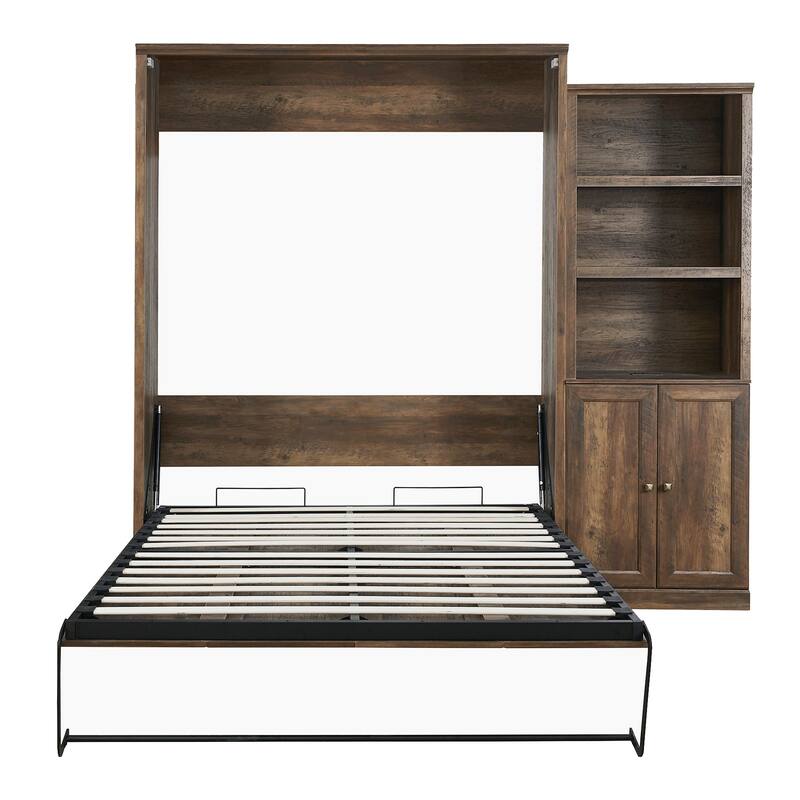Half Self-Close and Open Murphy Bed with 2 Side Cabinet Storage Shelf