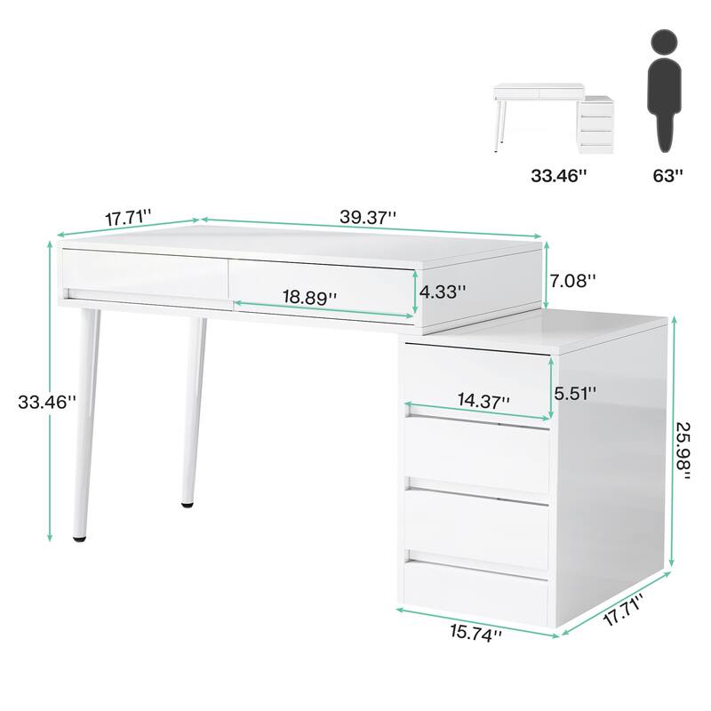 Reversible Computer Desk with Drawers, Modern Home Office Desk with Storage Drawers