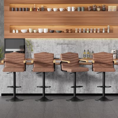 Javlergo 2-Piece & 4-Piece Adjustable Height Bar Stools Brown PU Leather with Armrests Arc Footrest Base for Kitchen or Bar