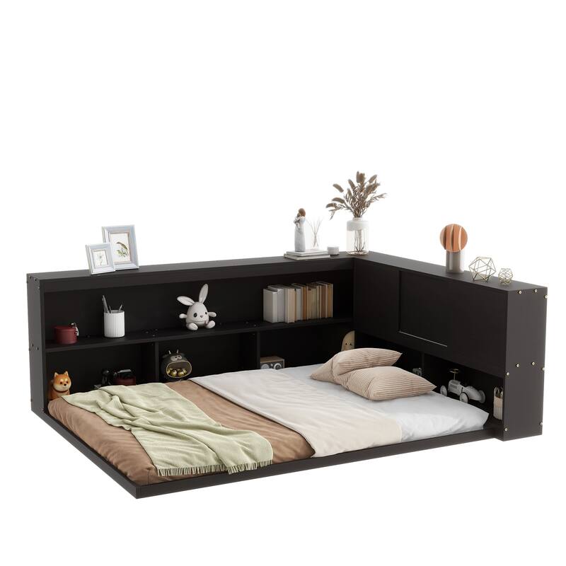 Modern Full Floor Bed with Built-in L-Shaped Bookshelves & Sliding Door Storage - No Box Spring Required