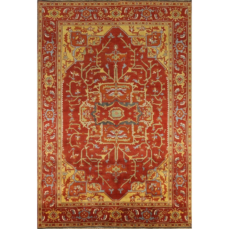Red Medallion Heriz Serapi Indian Area Rug Hand-Knotted Wool Carpet - 8'8" x 11'9"