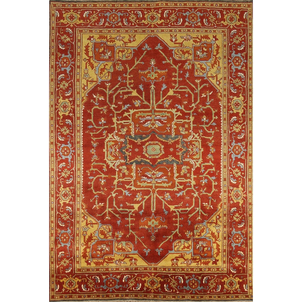 Red Medallion Heriz Serapi Indian Area Rug Hand-Knotted Wool Carpet - 8'8" x 11'9"