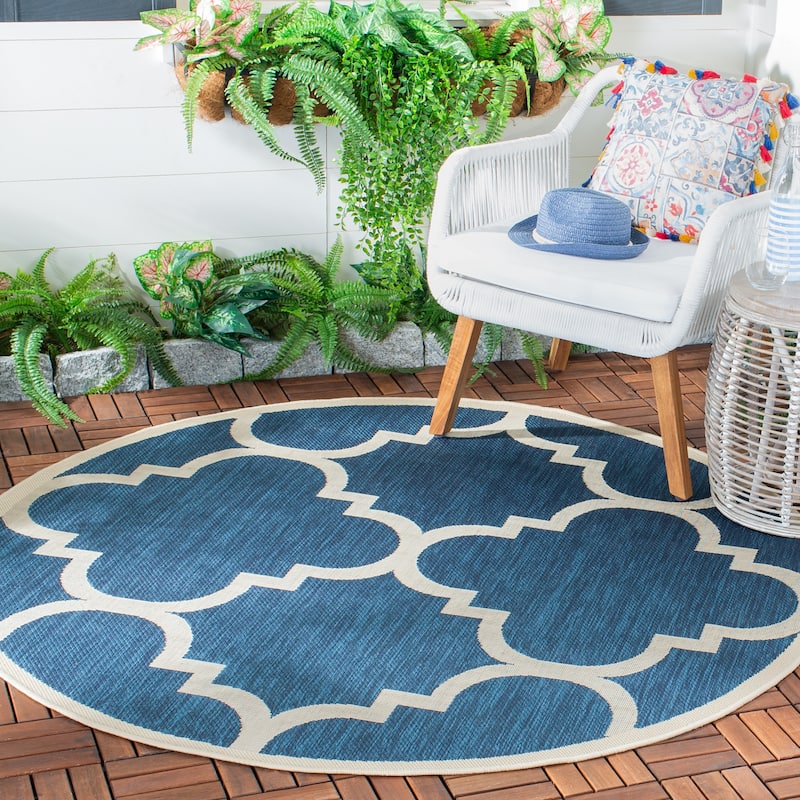 SAFAVIEH Courtyard Maryanne Indoor/ Outdoor Waterproof Patio Backyard Rug - 7'10" x 7'10" Round - Navy/Beige