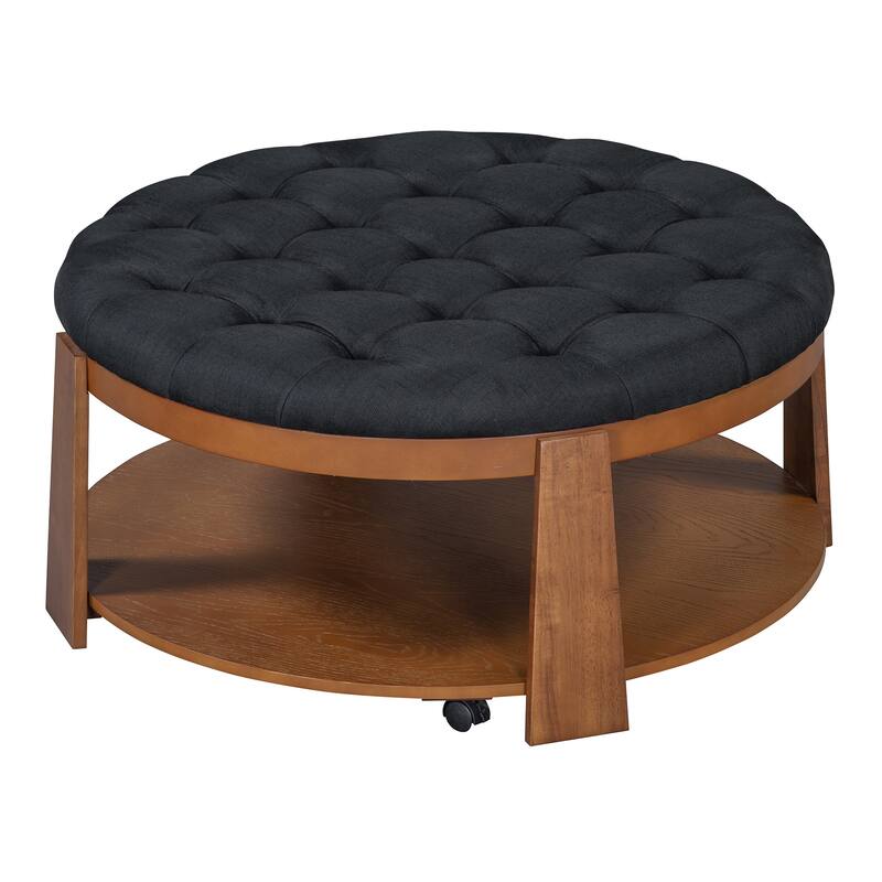 Coffee Table 2-Tier Button Tufted Ottoman with Wood Shelf,Upholstered Coffee Table,Footrest Ottoman with wheel,waterproof Linen