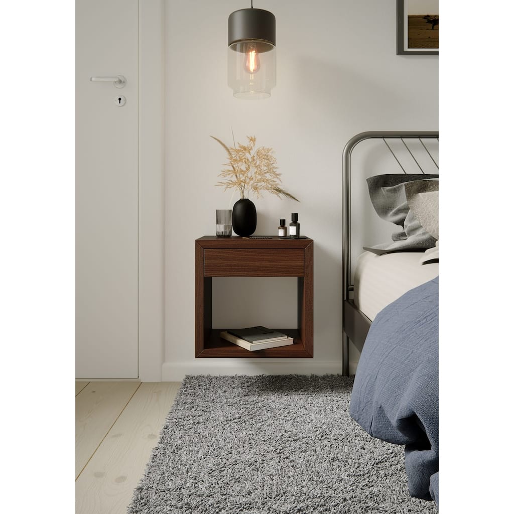 Solid Hardwood Floating Nightstand With Drawer - Walnut Finish