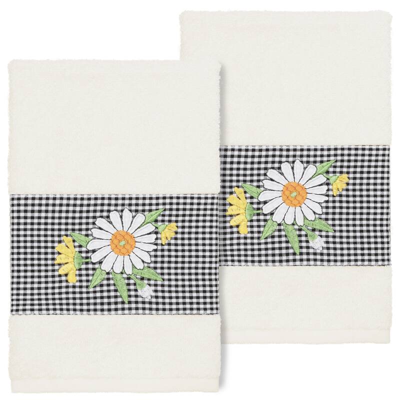 Authentic Hotel and Spa 100% Turkish Cotton Daisy 2PC Embellished Hand Towel Set - Cream