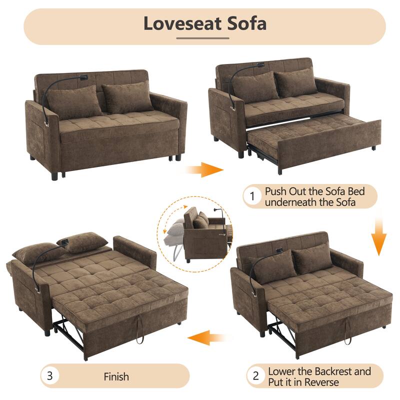 Roomfitters Loveseat Pull-Out Sofa Bed with Reversible Backrest Cushion, Side Pockets, USB Ports, and Phone Holder