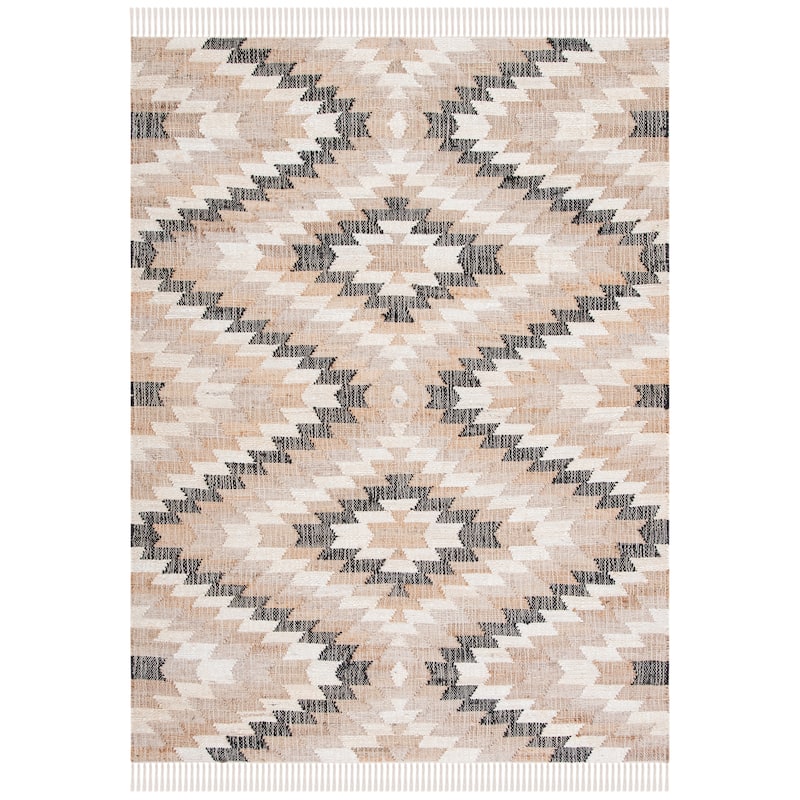 SAFAVIEH Handmade Natural Fiber Saniya Boho Tribal Jute Fringe - 6' x 6' Square - Natural/Black - Square