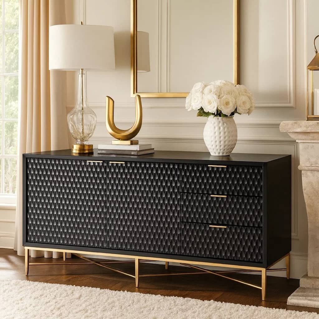 Rexi 64 Inch TV Media Entertainment Center Console, 3 Drawers, Black, Gold