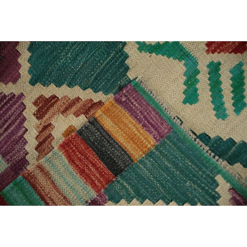 Hand Woven Oriental 100% Wool Carpet Southwestern Tribal Green Kilim Runner Rug - 9' 6'' X 2' 9''