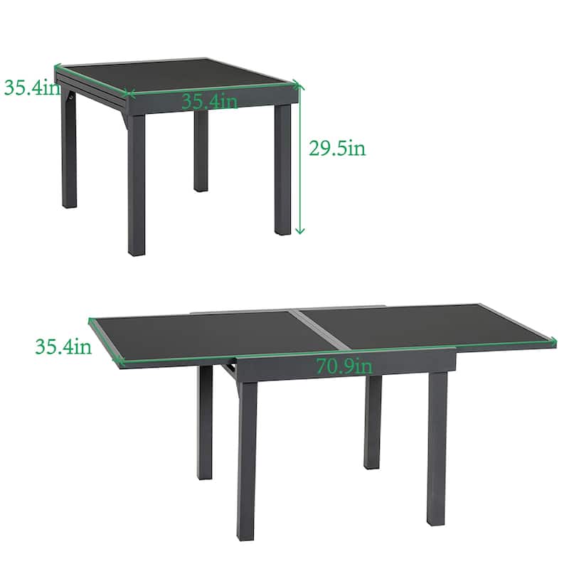 VredHom Outdoor Tempered Glass Top Aluminum Extendable Dining Table - 35.4 in W x 35.4-70.9 in L x 29.5 in H