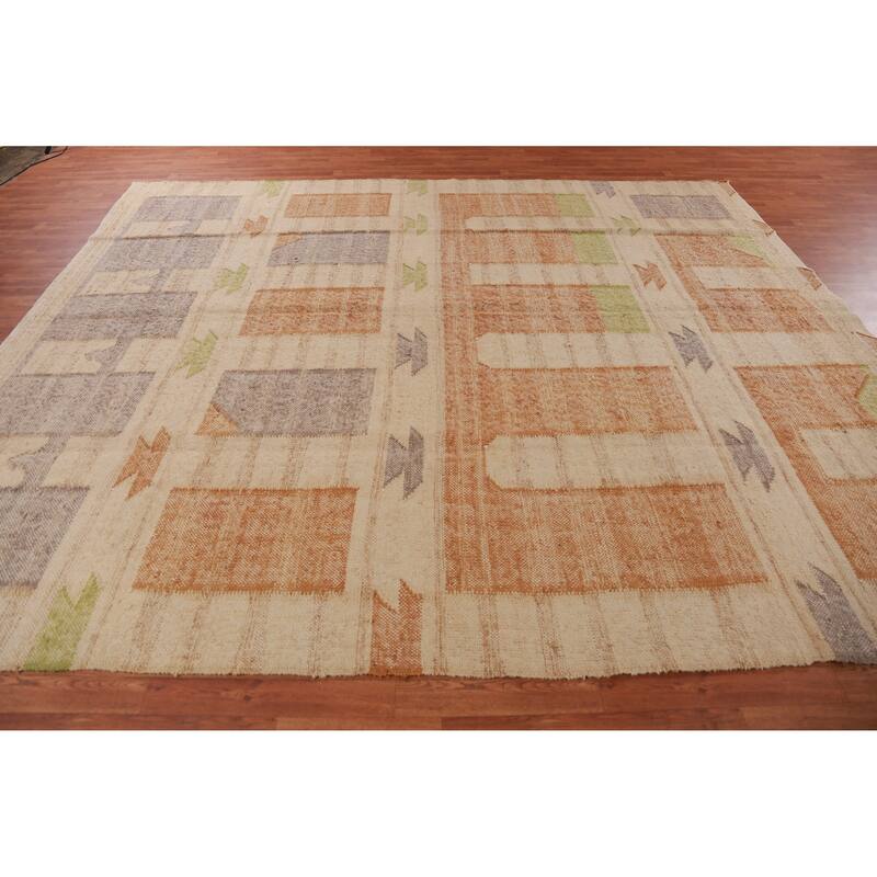 Hand Woven Oriental 100% Jute Carpet Southwestern Modern Beige & Ivories Kilim Area Rug - 11' 3'' X 9' 8''