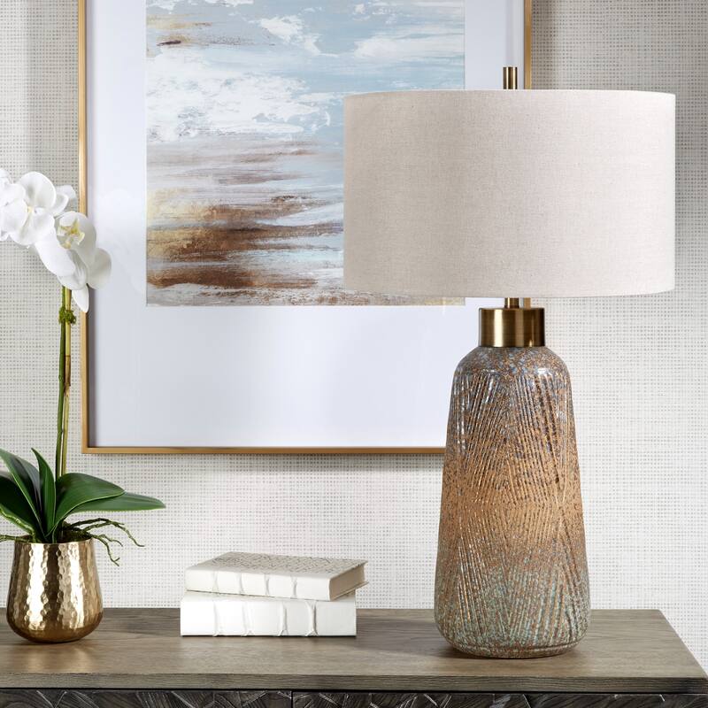 Embossed Ceramic Table Lamp with Drum Shade - 29"