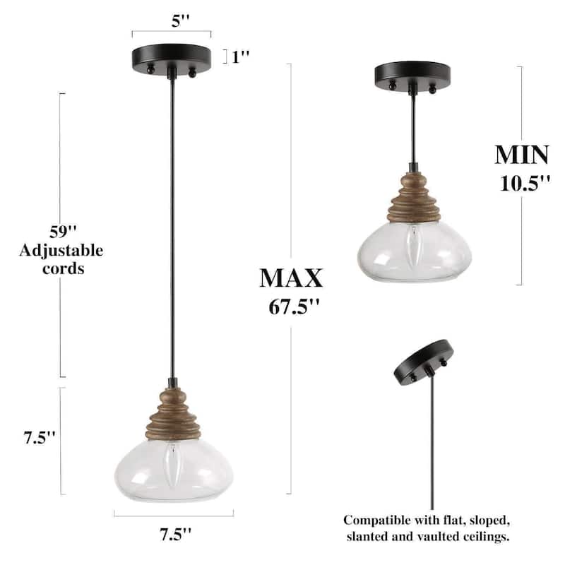 Modern Farmhouse 1-Light Wood Pendant Glass Lights for Kitchen Island