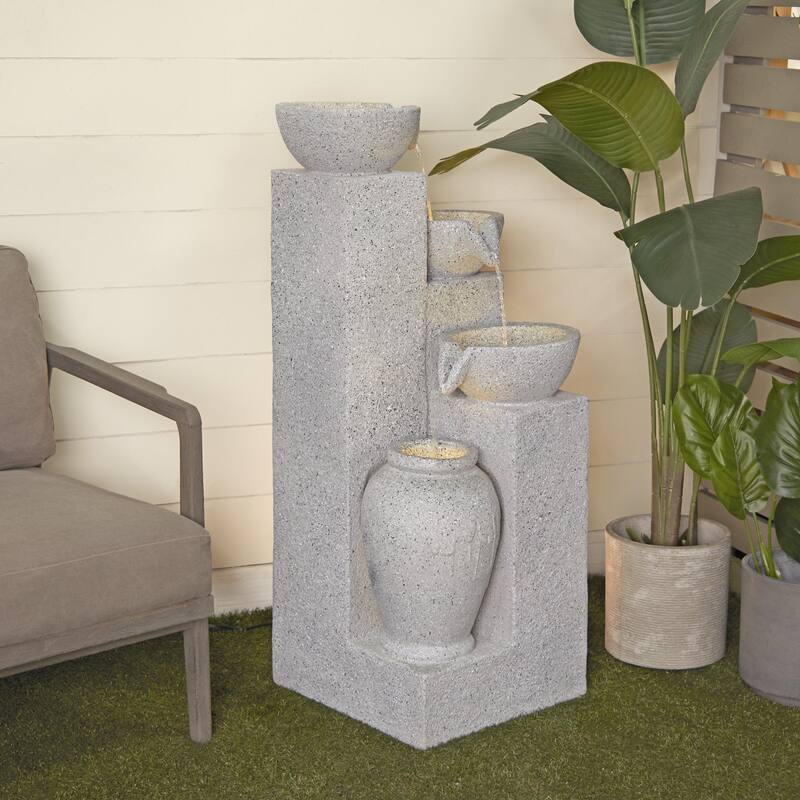 Fiberglass 4 Tier Fountain with LED Light - Light Gray - Roche River Decor
