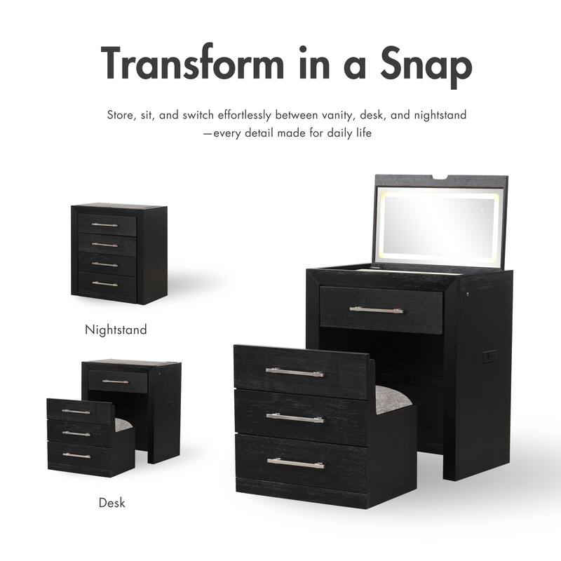 Furniture of America Alaric Modern Black Solid Wood 2-Piece Bedroom Set with 32-inch Makeup Vanity