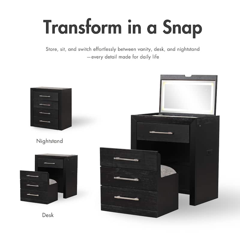 Furniture of America Alaric Modern Black Solid Wood 3-Piece Bedroom Set with 32-inch Makeup Vanity and Nightstand