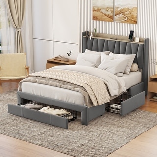 Queen Size Bed Frame with Storage Headboard， 3 Drawers and Charging ...