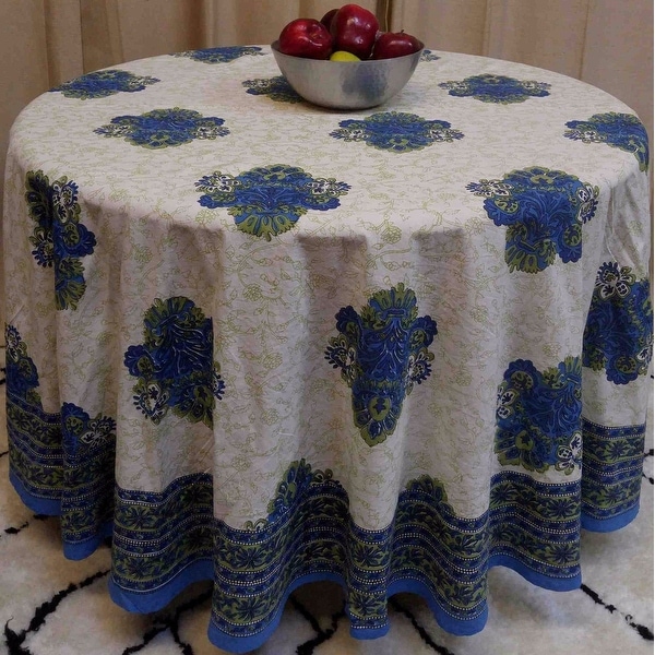 Handmade 100% Cotton Tuscan Style Floral Tablecloth 90" Round Blue Green