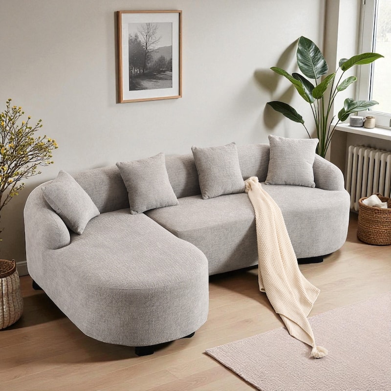 98.8" Boneless L-Shaped Sectional Sofa with Curved Chaise, Modular Chenille Compression Couch with 30D Foam for Living Room - Light Grey