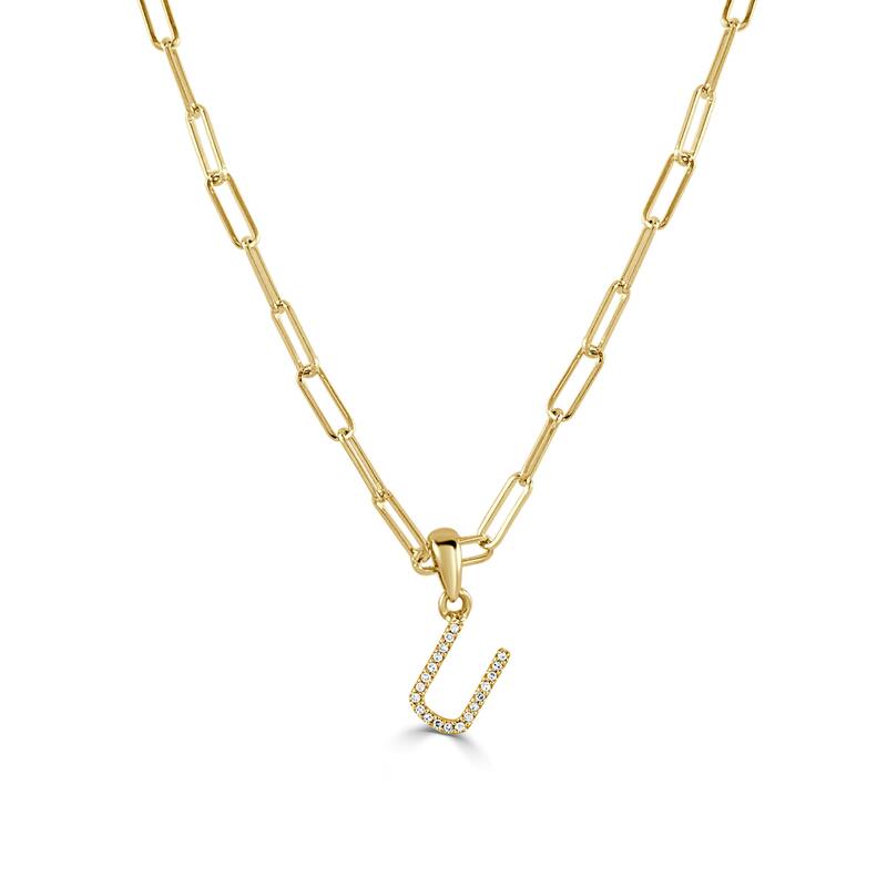 Joelle Collection Diamond Initial Letter Necklace Paperclip 14K Gold 16-inch Chain 1/10 TDW Necklace - U - Yellow