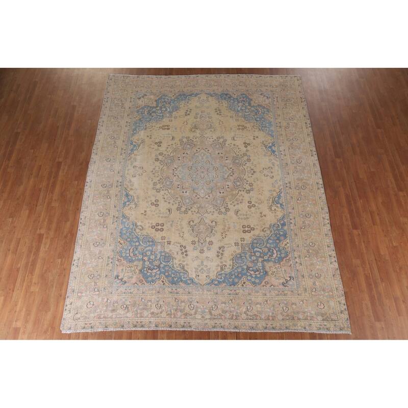 Hand Knotted Oriental 100% Wool Carpet Traditional Floral Yellow & Gold Mashad Area Rug - 11' 11'' X 9' 5''