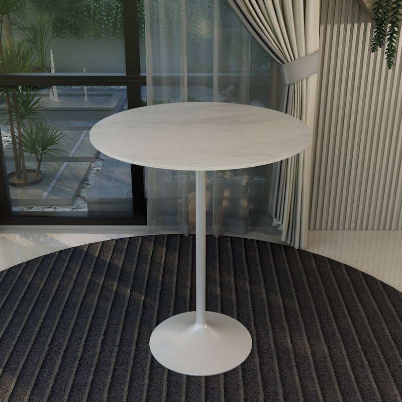 LeisureMod Verve 36" Bar Dining Table with Sintered Stone Round Top in White Steel, White Marbleized