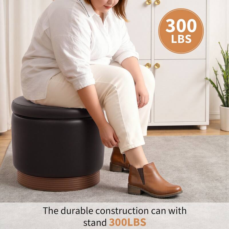 Round Swivel Storage Ottoman Footstool with Flip-top and Acacia Frame