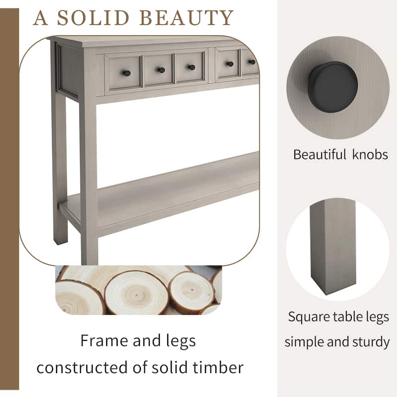Entryway Console Table with 2 Different Size Drawers, 60" Long Solid Wood Sofa Table, Bottom Shelf and Wide Desktop