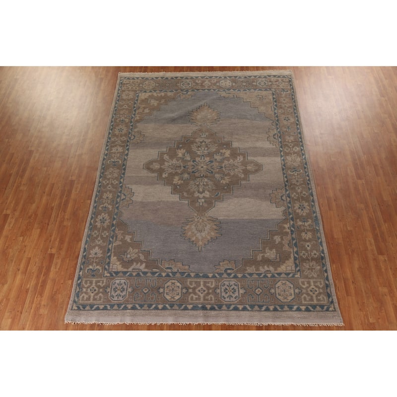 Geometric Oushak Area Rug Hand-knotted Wool Carpet - 8'10"x 12'3"