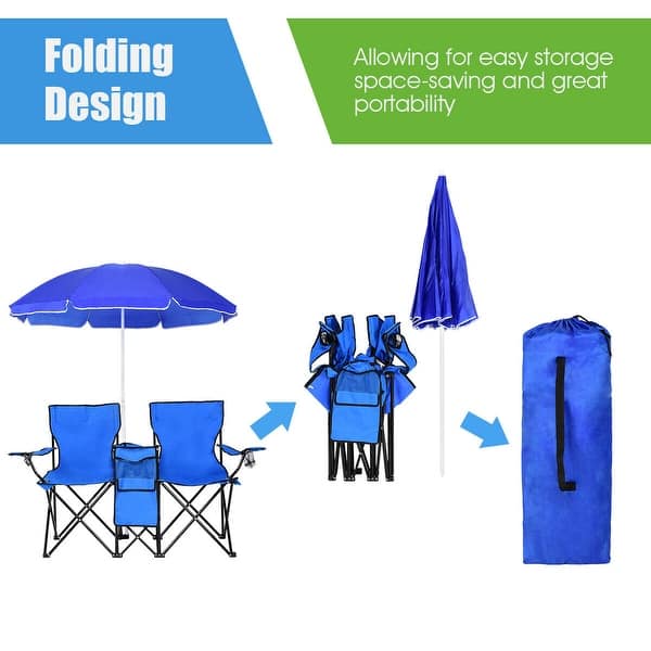 Costway Portable Folding Picnic Double Chair W Umbrella Table Costway Portable Folding Picnic Double