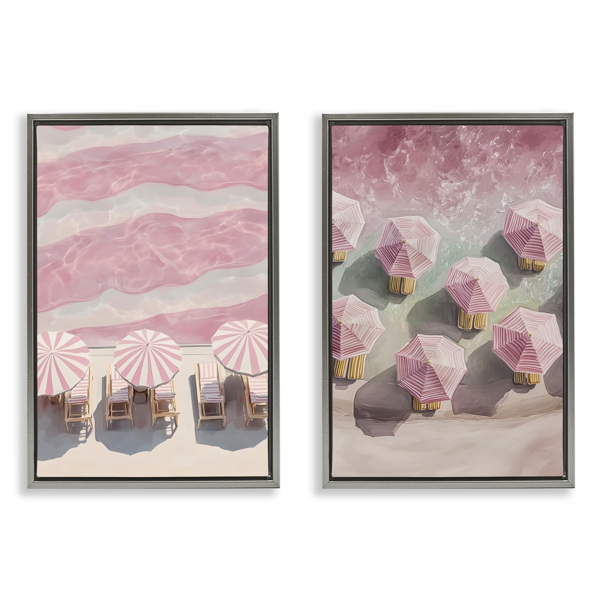Stupell Pink Umbrellas on Beach Framed Floater Canvas Wall Art Design By Annabelle Hall (Set of 2)