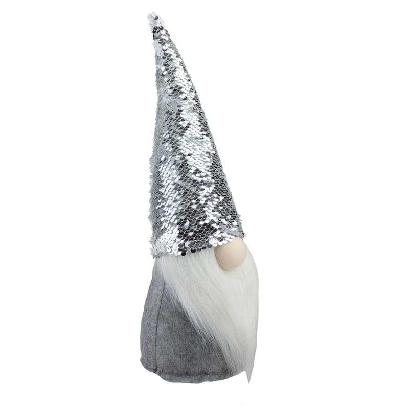 Standing Christmas Gnome with Flip Sequin Hat - 14" - Silver and Gray