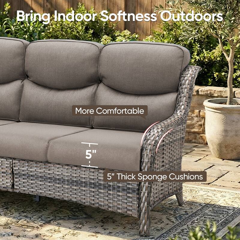 Pocassy Outdoor 3 Seat Sofa with 5 In Thick Cushion Patio Wicker Sofa
