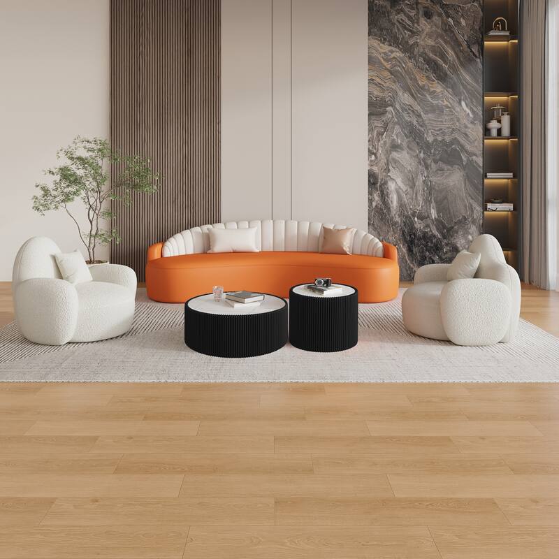 Light Sintered Stone Cylinder Leather Coffee Table - Unique Gold Accent