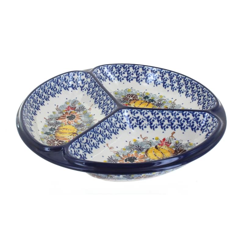 Blue Rose Polish Pottery 484 Ceramika Artystyczna Three Part Divided Dish - Harvest Bounty