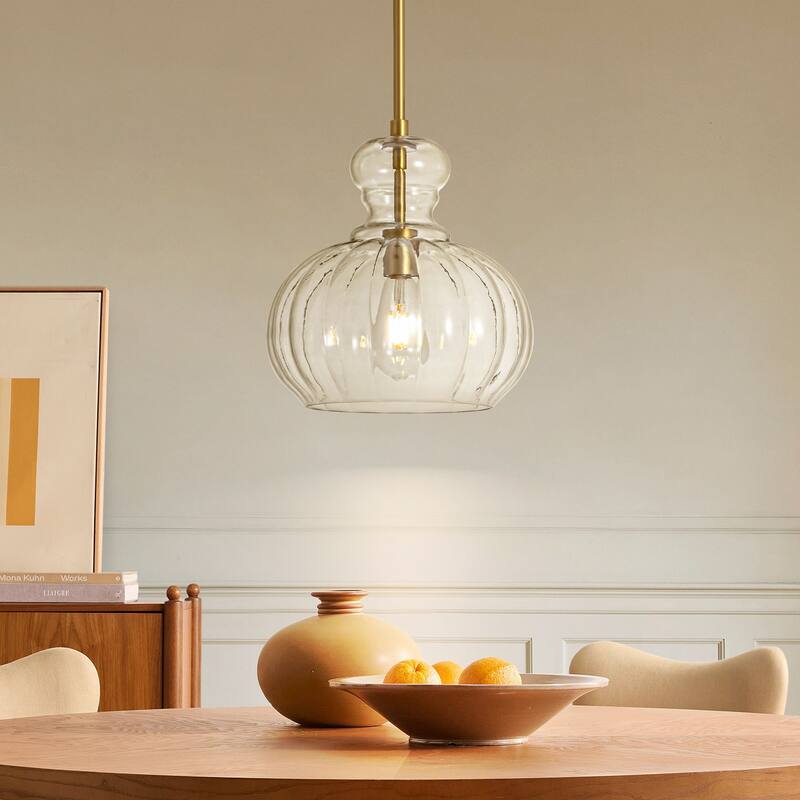 11" W Modern Traditional 1-Light Black/Gold Pendant Light with Clear Ribbed Pumpkin-shaped Glass Shade