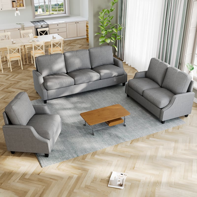 GDFStudio - Polyester 3-Piece Living Room Sofa Furniture Sets for Apartment - Gray