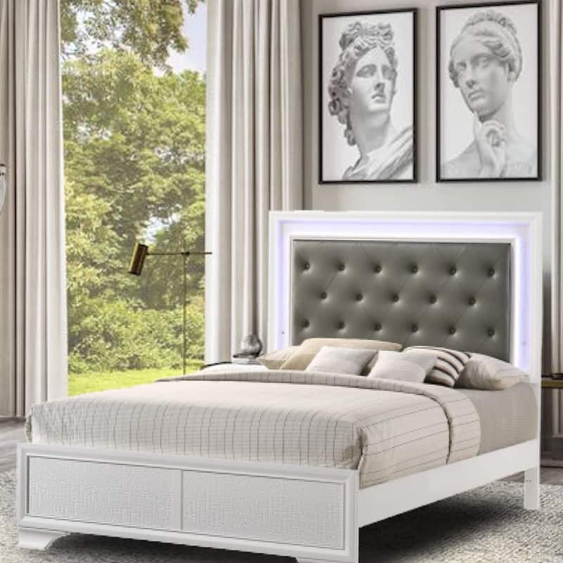 Glam Style queen bed White platform Solid Wood led bed