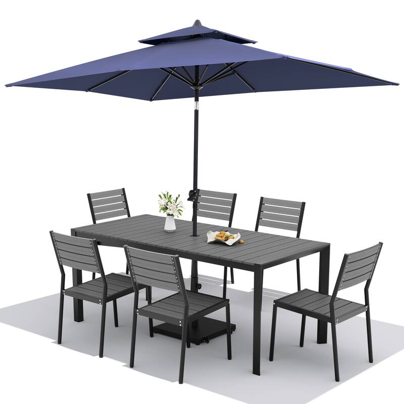 Set of 9 Outdoor Patio Dining Set WoodLike Aluminum Umbrella Hole Table with Stackable Chairs, Double Top Market Umbrella Set